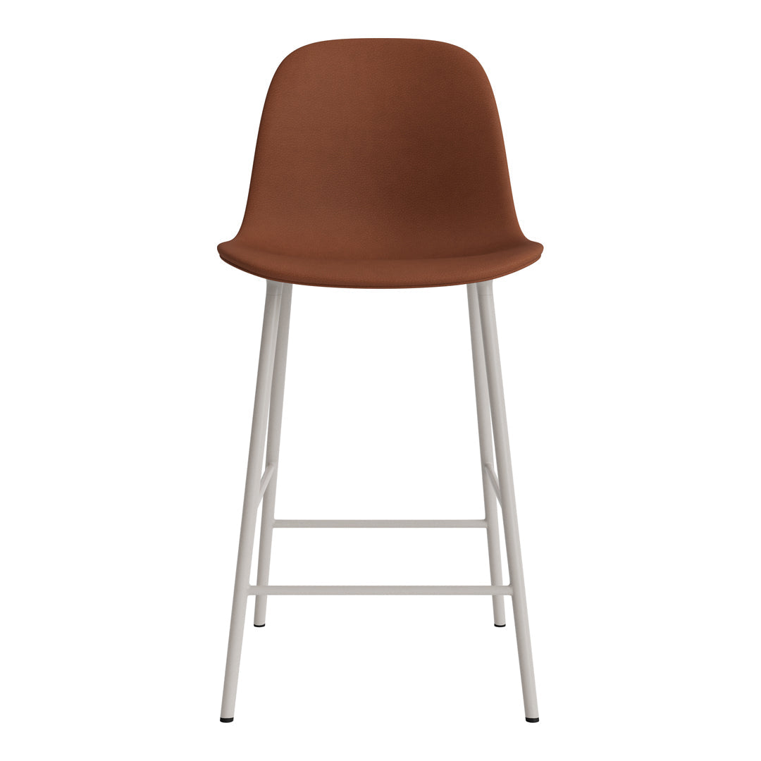 Brown molded seat with sleek white metal legs, offering a modern and minimalist design. Perfect for any kitchen or bar area.