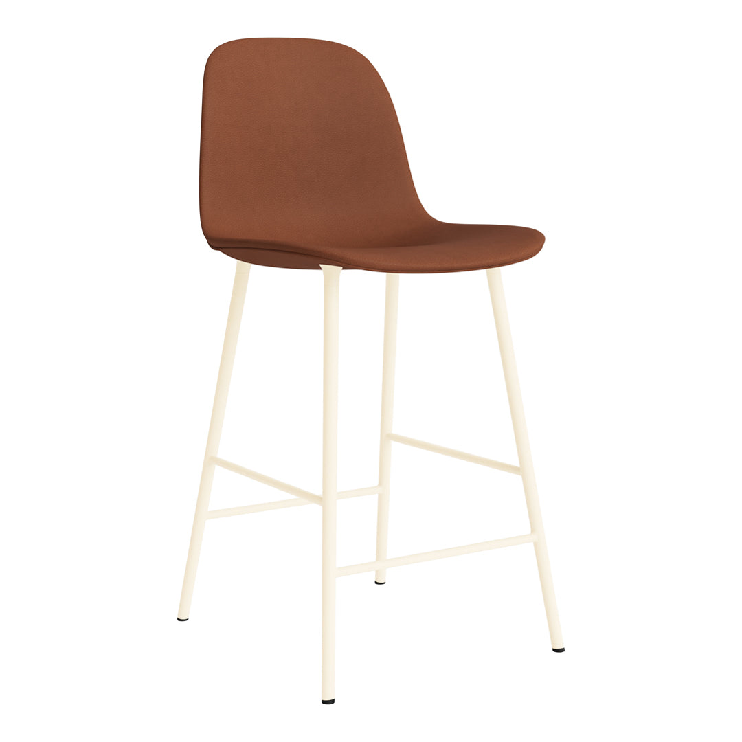 Brown upholstered bar stool with a minimalist cream-colored frame, featuring smooth, modern lines and a sleek design.