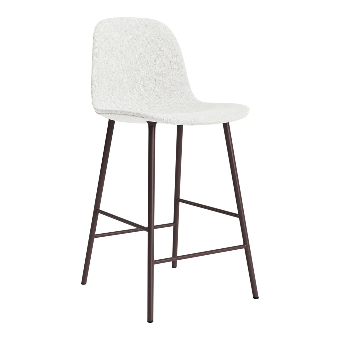 White upholstered bar stool with a sleek design, featuring a textured seat and contrasting dark metal legs.