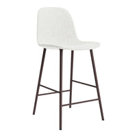 White upholstered bar stool with a sleek design, featuring a textured seat and contrasting dark metal legs.