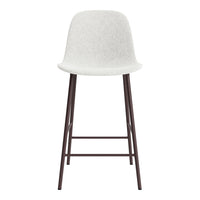 White upholstered bar stool with a sleek brown metal frame, featuring a minimalist design and smooth textures.