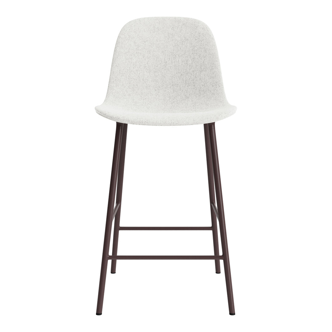 White upholstered bar stool with a sleek brown metal frame, featuring a minimalist design and smooth textures.