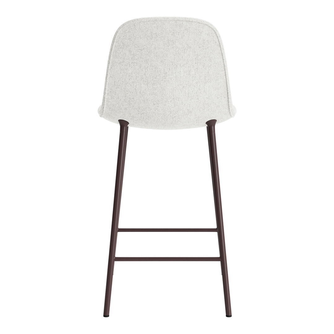 White upholstered barstool with dark brown wooden legs in a minimalist design.
