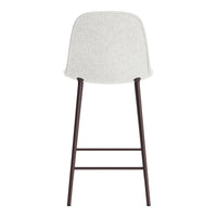 White upholstered barstool with dark brown wooden legs in a minimalist design.