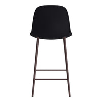 Black upholstered bar stool with sleek lines and dark wooden legs. Modern design, perfect for any contemporary space.