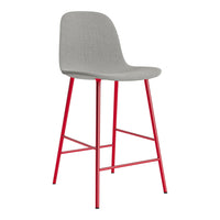 Gray upholstered bar stool with bright red metal legs, featuring a minimalist design and smooth finish.