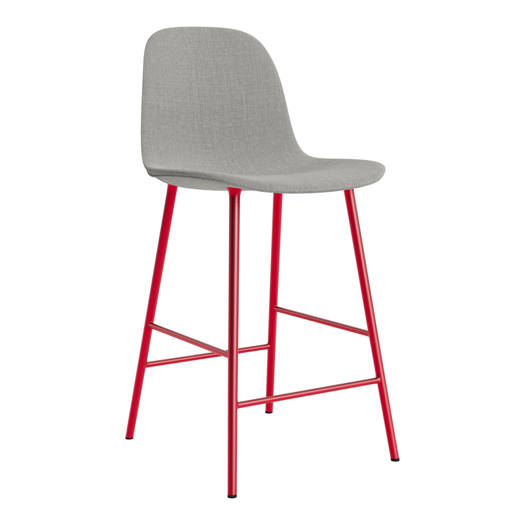 Gray upholstered bar stool with bright red metal legs, featuring a minimalist design and smooth finish.