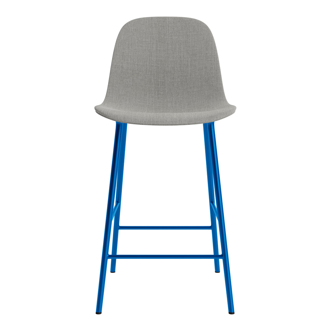 Gray upholstered bar stool with vibrant blue metal legs, showcasing a minimalist design and smooth finish.