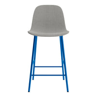 Gray upholstered bar stool with vibrant blue metal legs, showcasing a minimalist design and smooth finish.