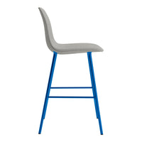 Gray upholstered bar stool with vibrant blue metal legs, showcasing a modern and sleek design.