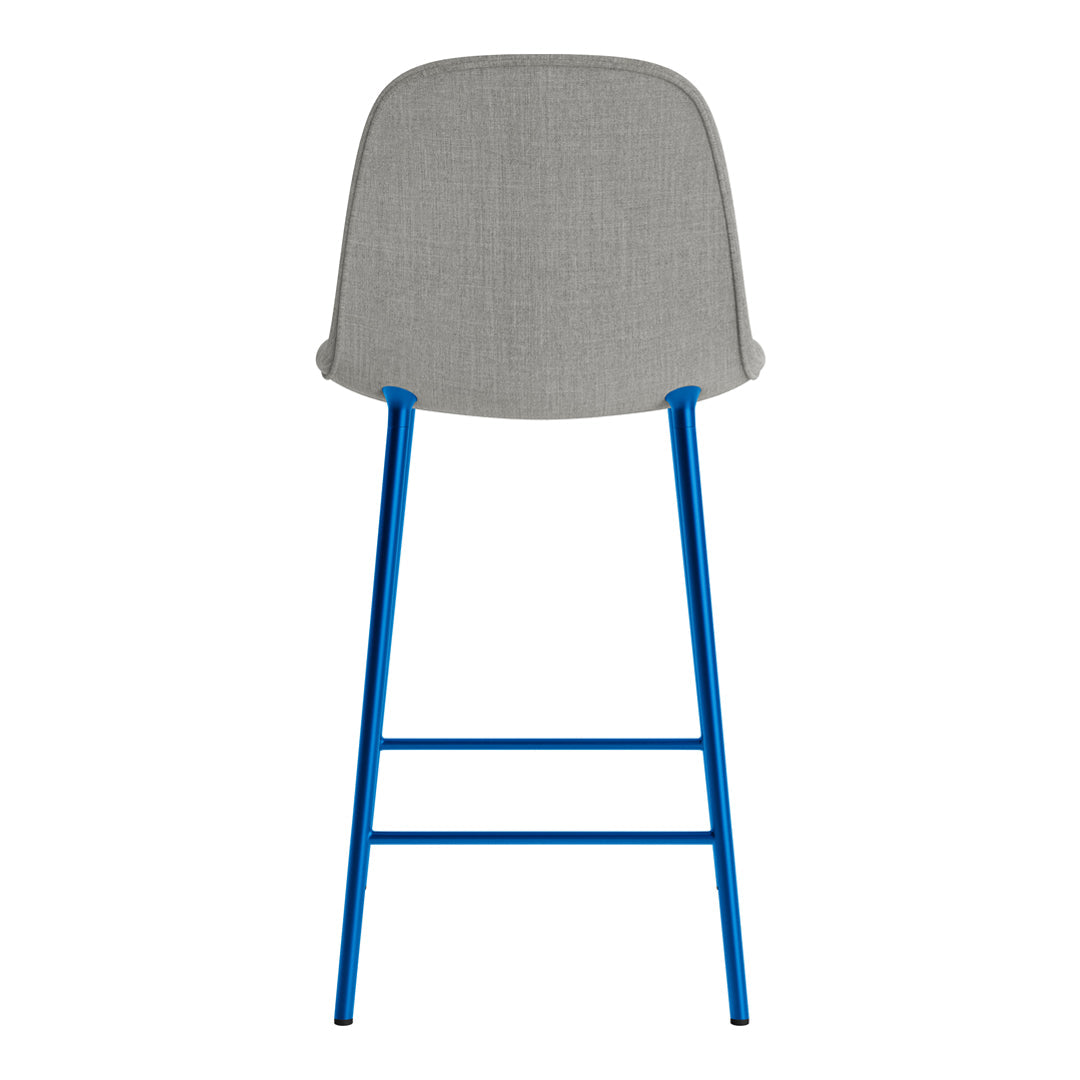 Gray upholstered bar stool with vibrant blue metal legs, showcasing a modern and stylish design.