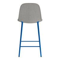 Gray upholstered bar stool with vibrant blue metal legs, showcasing a modern and stylish design.