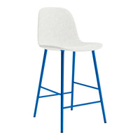 Stylish white bar stool with a textured seat and bright blue metal legs, perfect for modern decor.