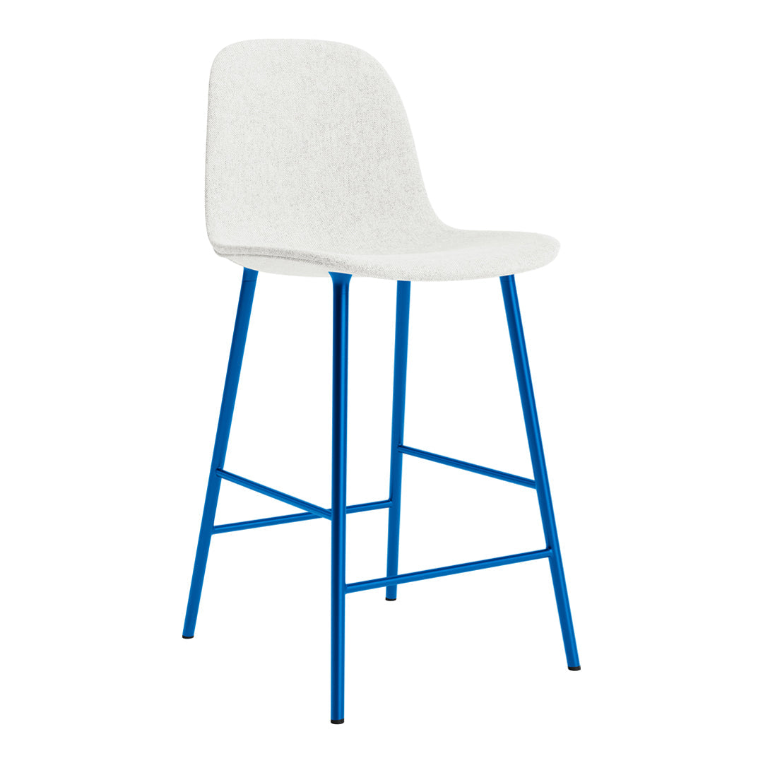 Stylish white bar stool with a textured seat and bright blue metal legs, perfect for modern decor.