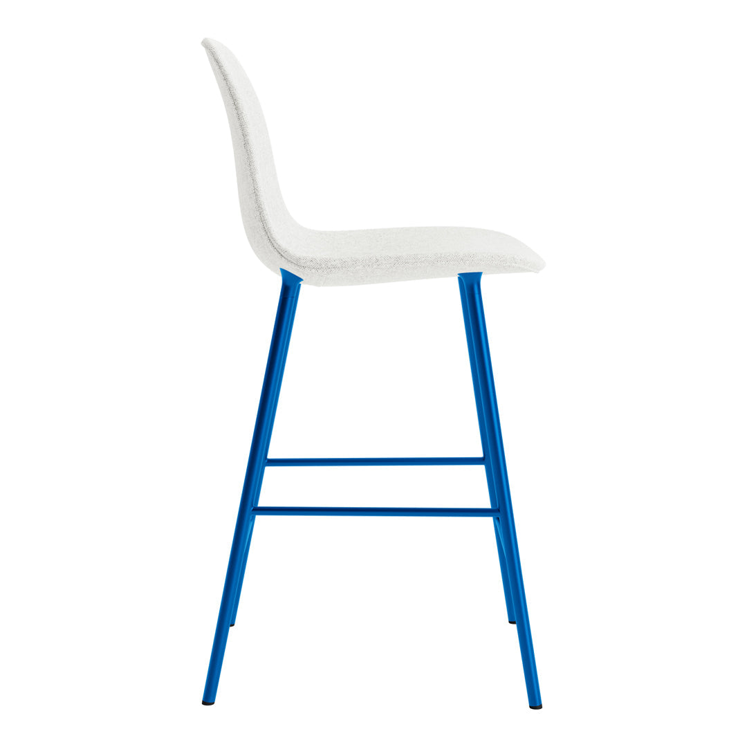 White upholstered bar stool with vibrant blue metal legs, featuring a sleek, modern design.