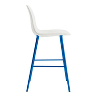 White upholstered bar stool with vibrant blue metal legs, featuring a sleek, modern design.