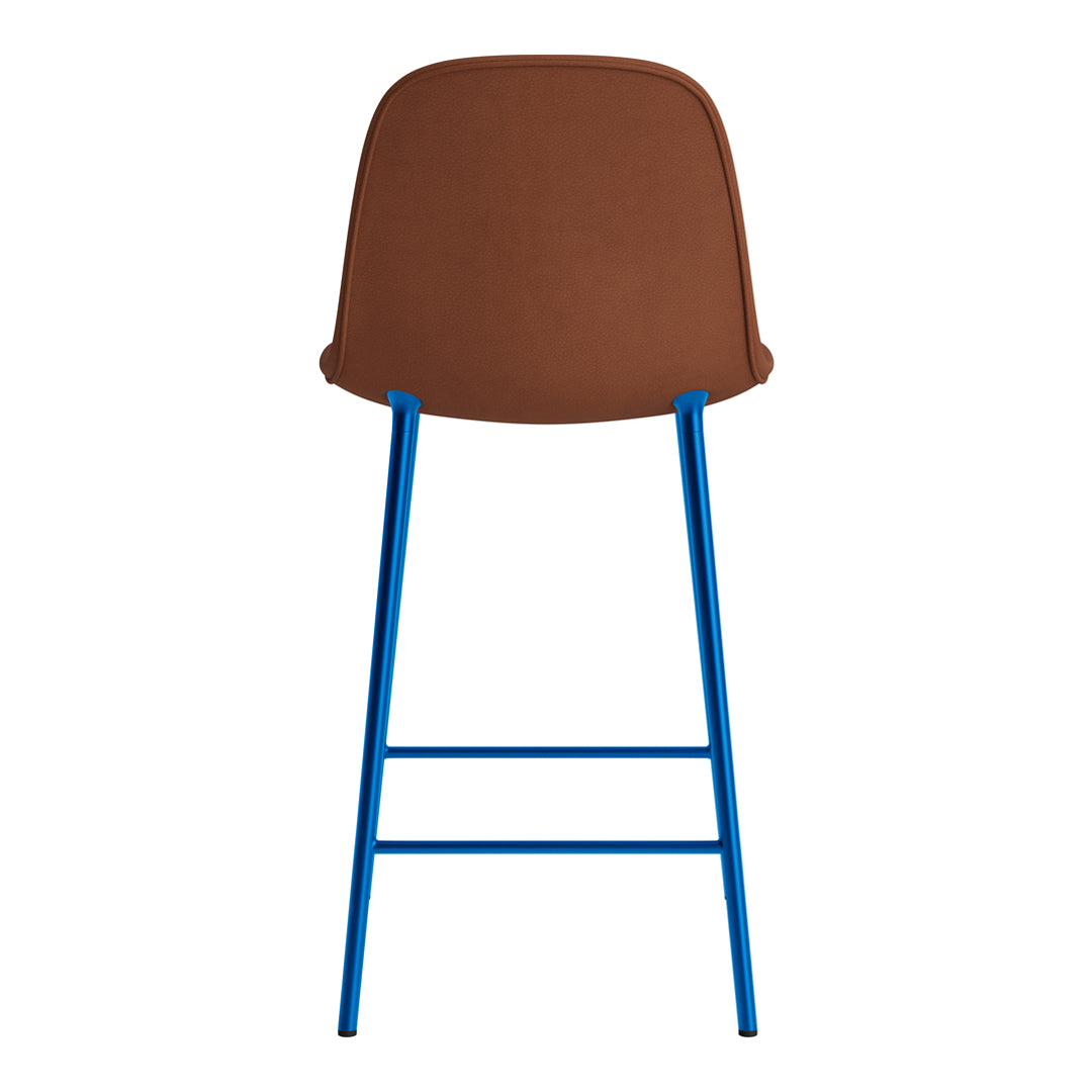 Brown upholstered stool with vibrant blue metal legs, featuring a sleek, modern design.