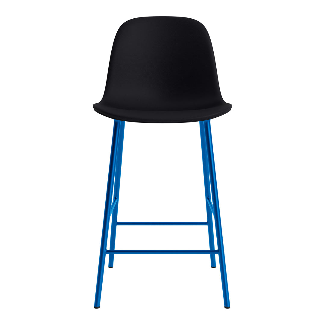 Black bar stool with a smooth seat and vibrant blue metal legs. Modern design with a sleek color contrast.