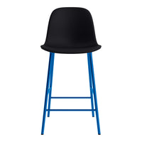 Black bar stool with a smooth seat and vibrant blue metal legs. Modern design with a sleek color contrast.