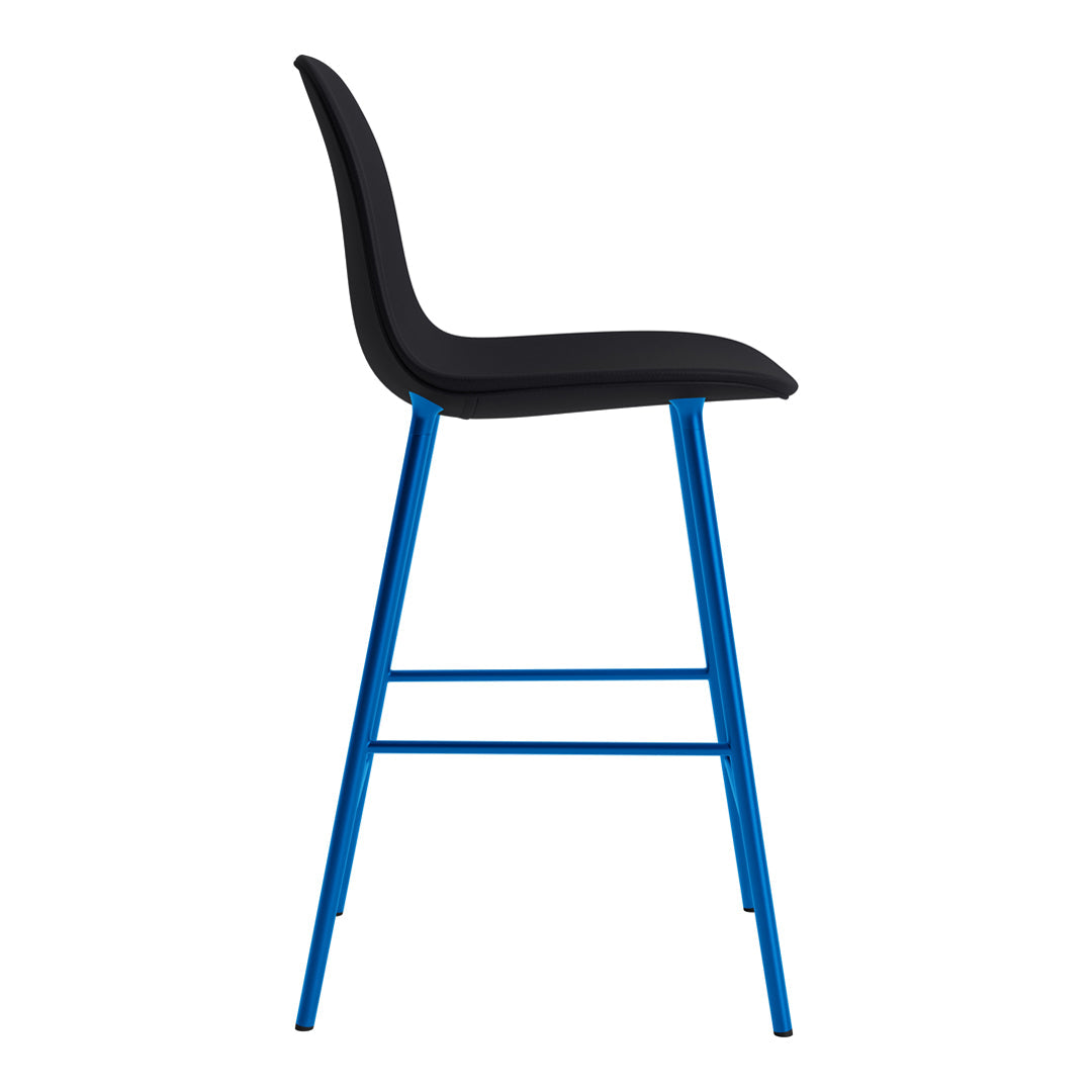 Black upholstered bar chair with vibrant blue metal legs, featuring a sleek, modern design.