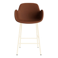 Brown upholstered bar stool with a cream-colored metal base, featuring a sleek, modern design.