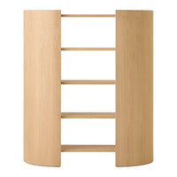 Light oak wood storage unit with a minimalist design featuring curved edges and four open shelves.