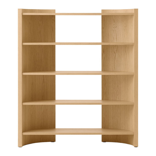 Light oak bookshelf with a smooth finish and simple, modern design, featuring five open shelves for versatile storage.