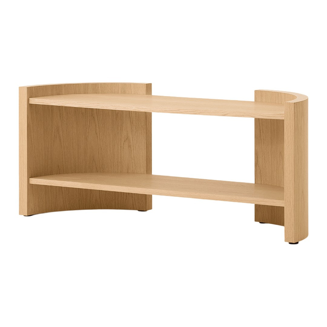 Light wood finish console table with a smooth, minimalist design and curved edges, featuring two open shelves.