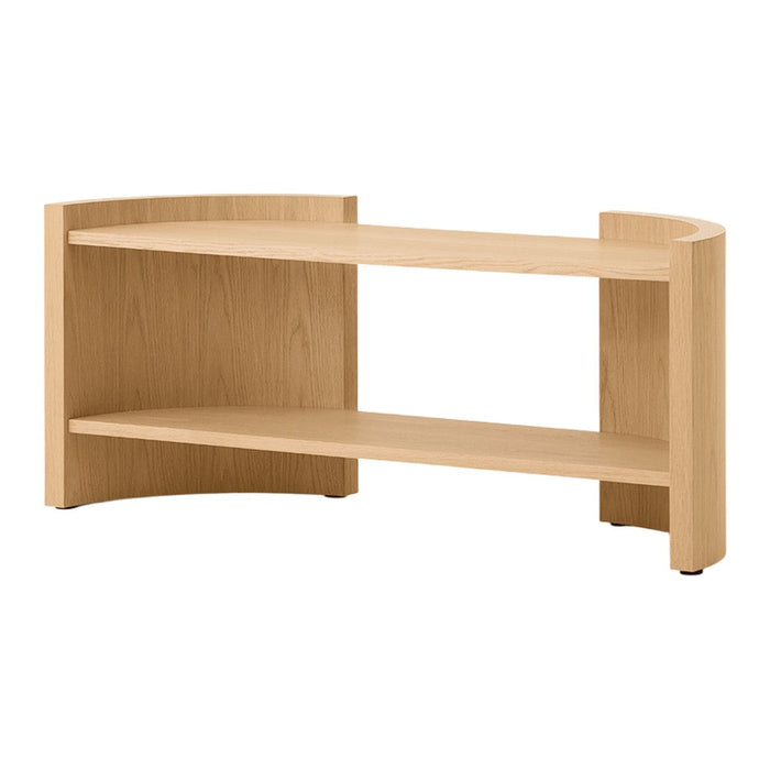 Light wood finish console table with a smooth, minimalist design and curved edges, featuring two open shelves.