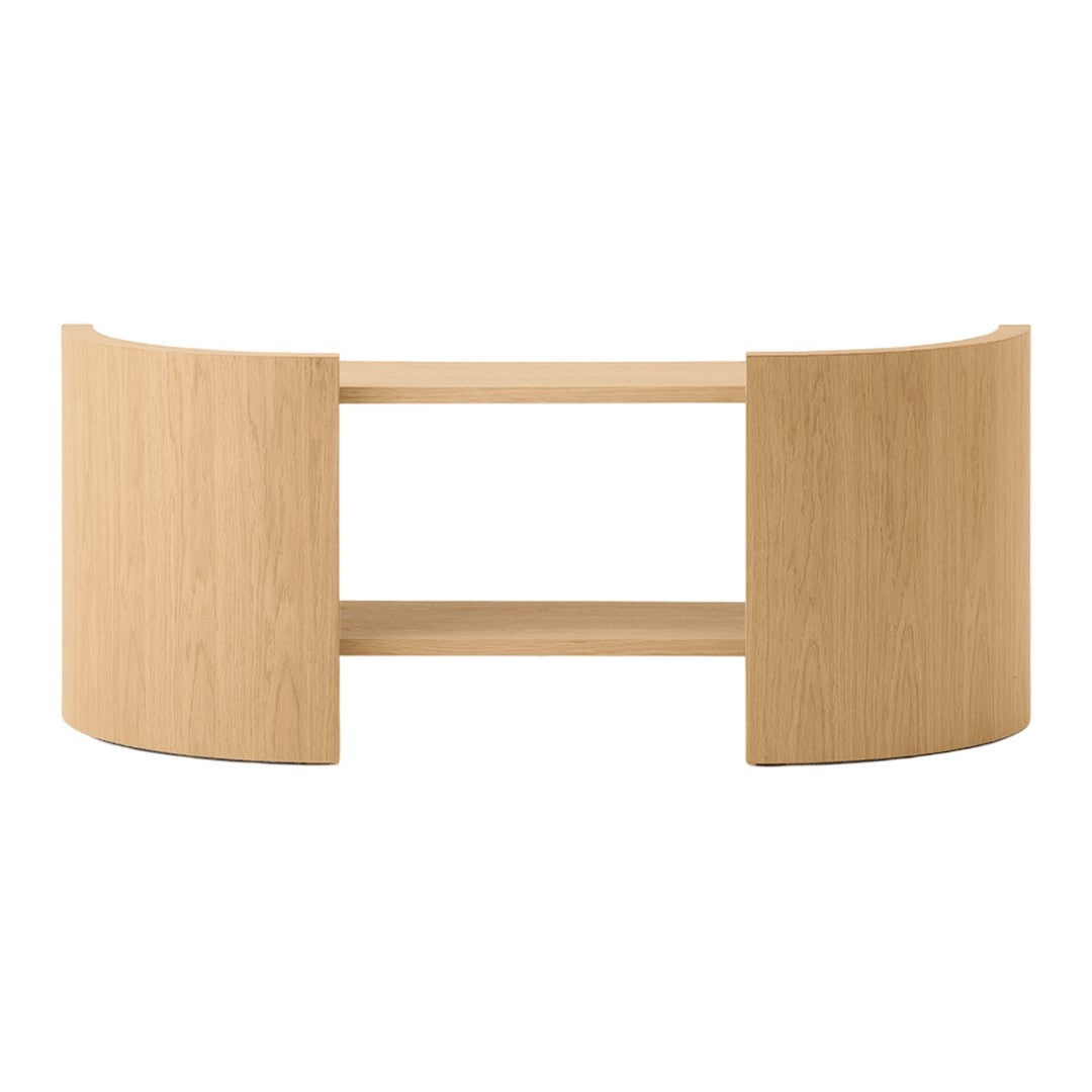 Natural wood grain console table with a light oak finish and minimalist curved design. Perfect for modern decor.