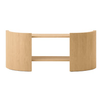Natural wood grain console table with a light oak finish and minimalist curved design. Perfect for modern decor.