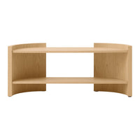 Light oak wood TV stand with a minimalist design, featuring a smooth surface and curved edges for a modern look.