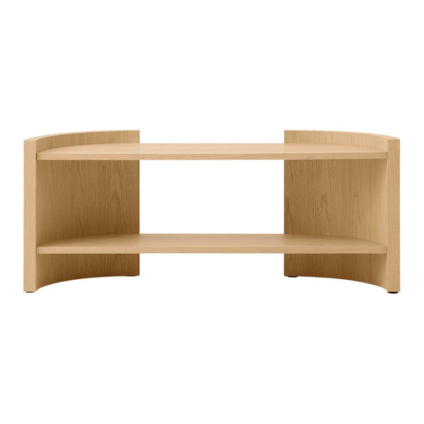 Light oak wood TV stand with a minimalist design, featuring a smooth surface and curved edges for a modern look.