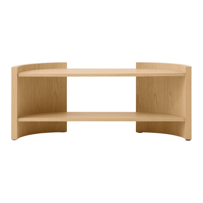 Light oak wood TV stand with a minimalist design, featuring a smooth surface and curved edges for a modern look.