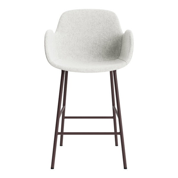 Light grey upholstered bar stool with a sleek, modern design and dark brown metal legs. Perfect for contemporary spaces.