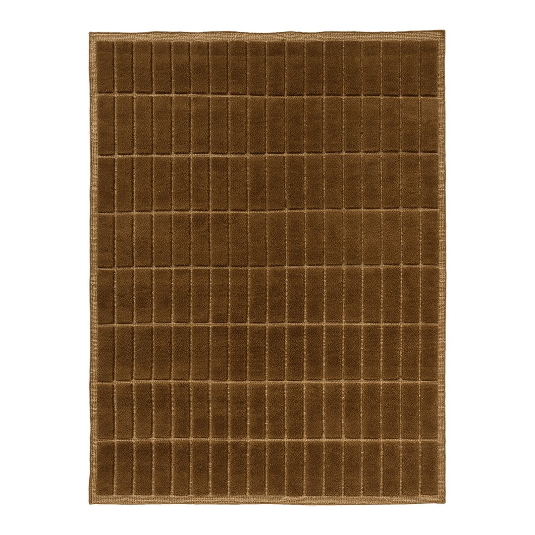 Brown rectangular rug with a grid pattern of vertical and horizontal lines, featuring a soft, textured surface.