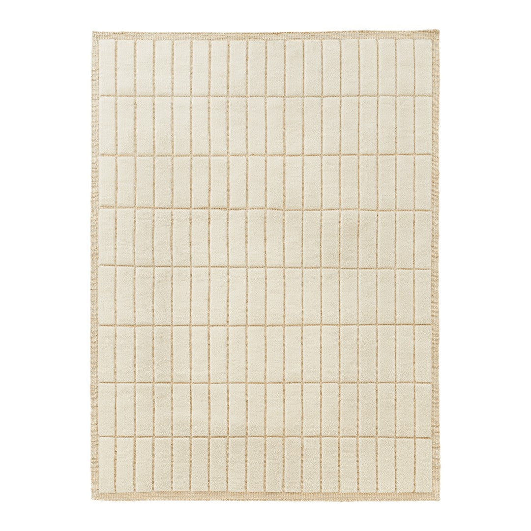 Cream-colored rectangular rug with a subtle grid pattern and beige border. Ideal for modern decor.