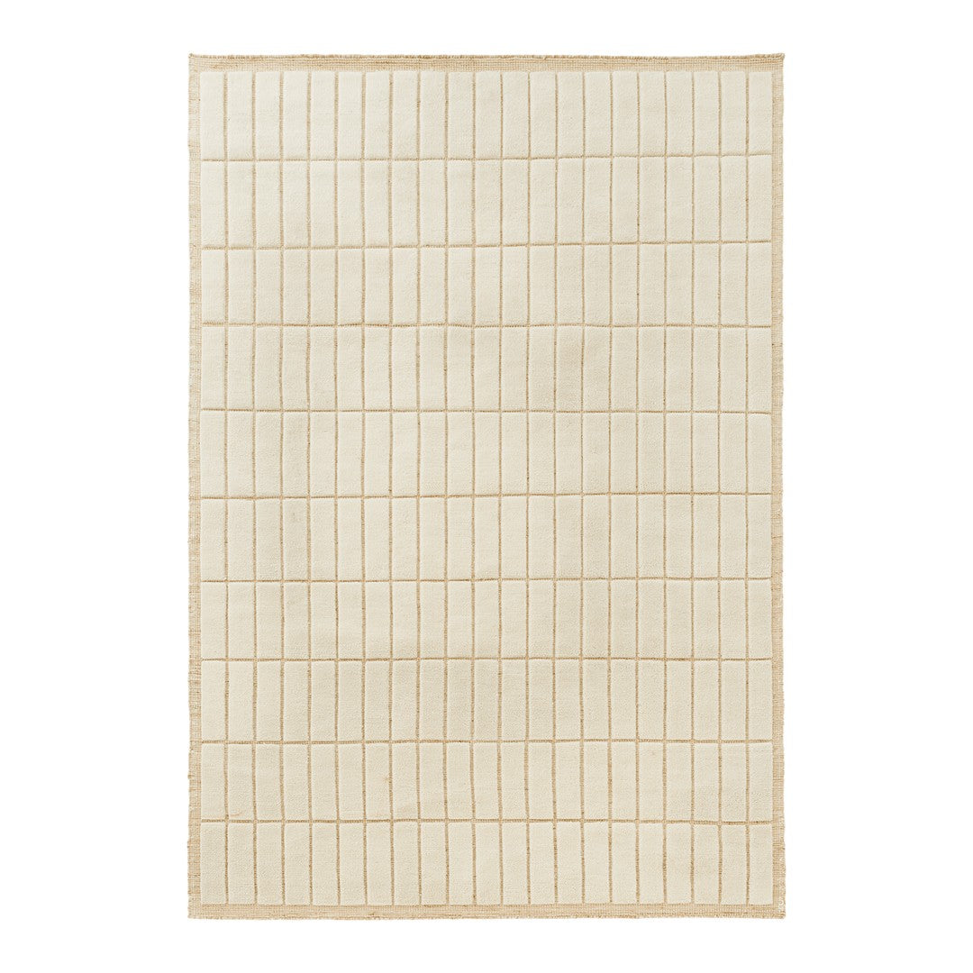 Light beige rug with a simple grid pattern and subtle woven texture, perfect for minimalist decor.