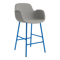 Gray upholstered bar stool with vibrant blue metal legs, offering a modern and stylish design. Perfect for any space.