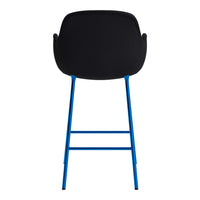 Black chair with a sleek design and vibrant blue legs, showcasing a modern and stylish pattern.