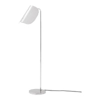 Modern white floor lamp with a sleek chrome base and minimalist design. Perfect for contemporary decor.
