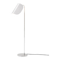 Modern white floor lamp with a sleek silver base, featuring a minimalist design and smooth finish.
