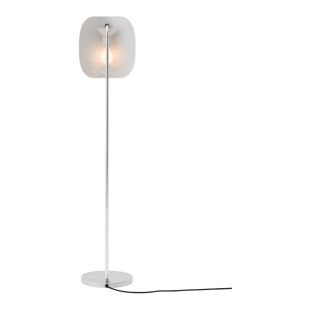 Sleek chrome floor lamp with a white, soft-edged shade, enhancing any modern decor with elegance.