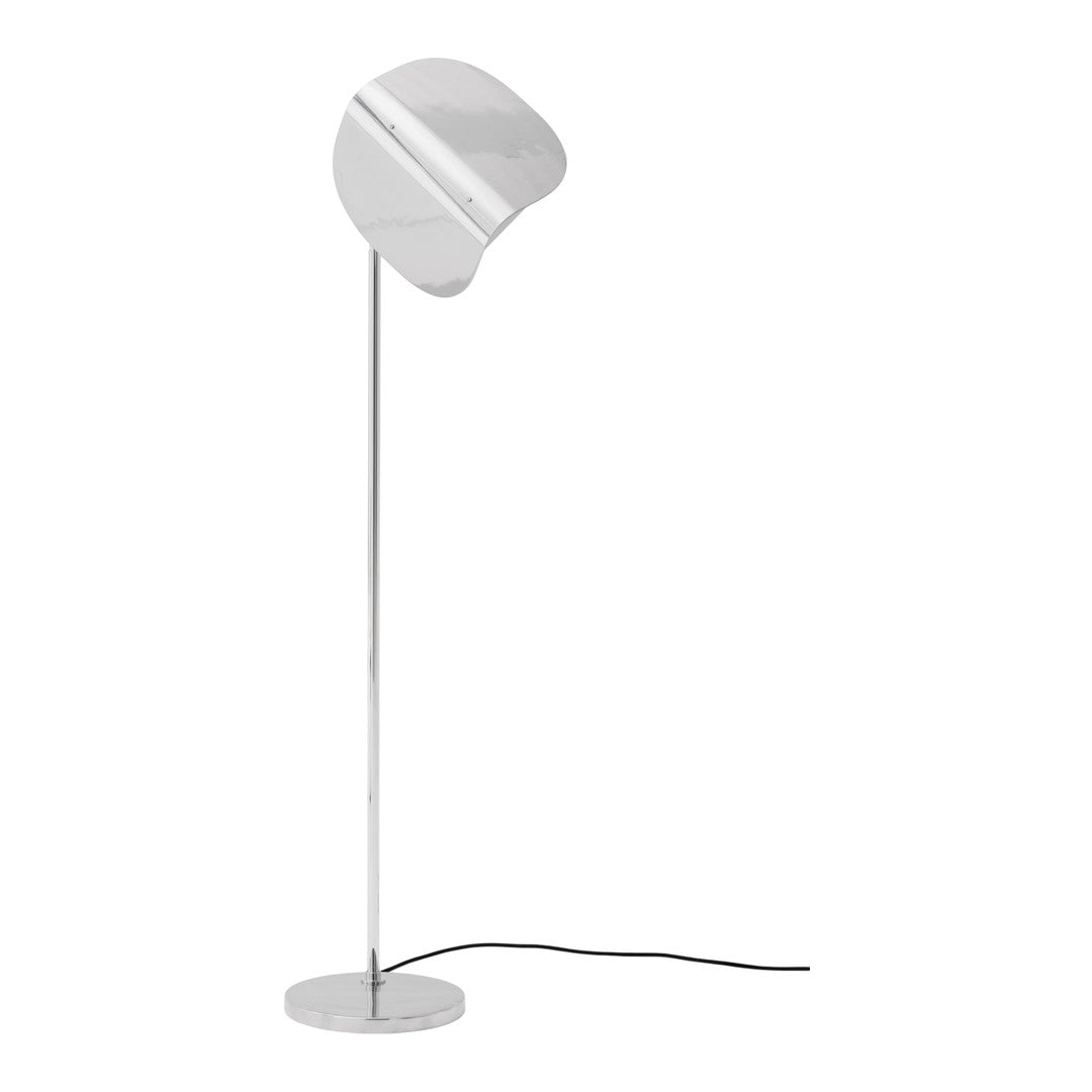 Sleek silver floor lamp with a modern curved shade and minimalist design, perfect for contemporary decor.