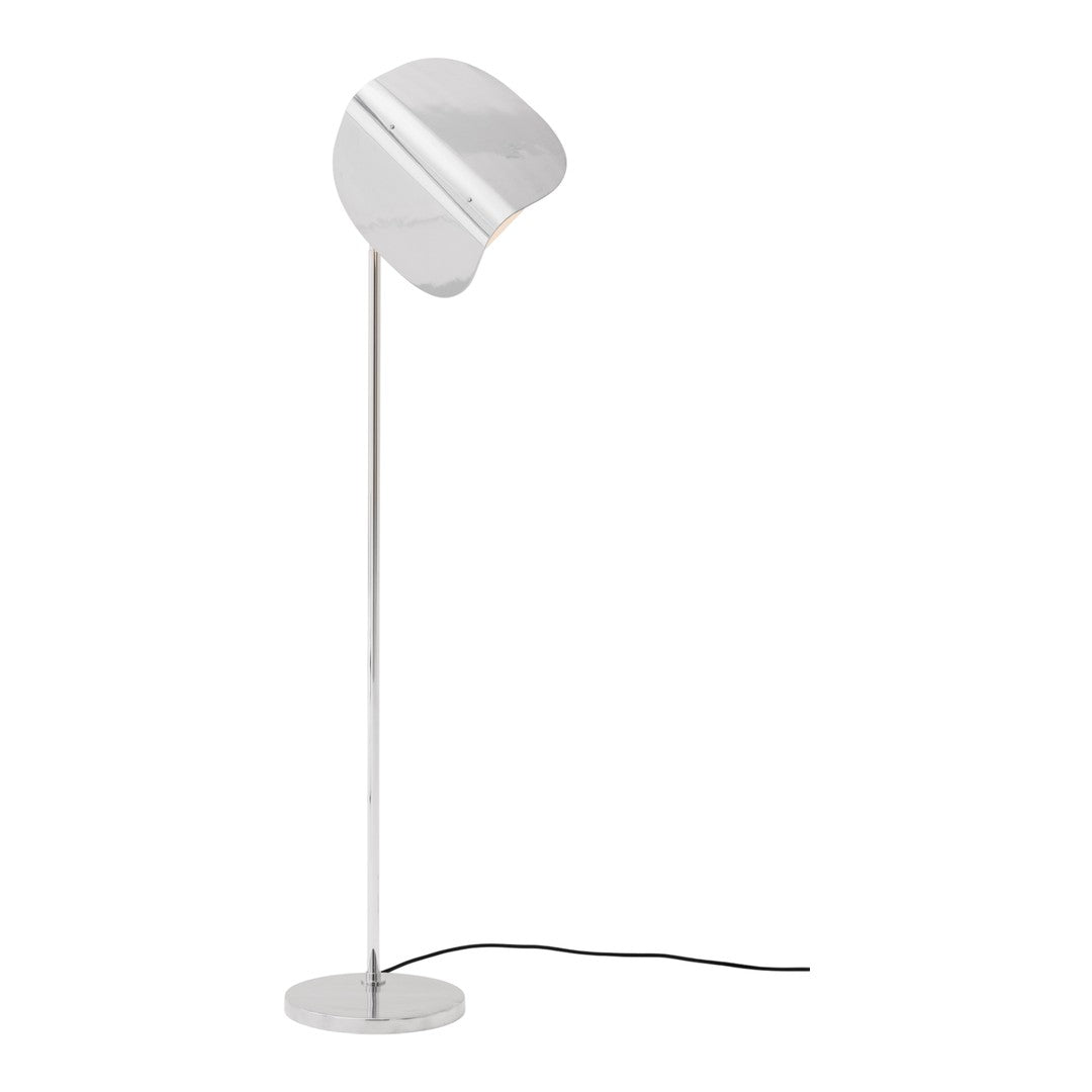 Sleek silver floor lamp with a unique curved shade and minimalist design, perfect for modern interiors.