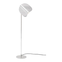 Sleek silver floor lamp with a unique curved shade and minimalist design, perfect for modern interiors.