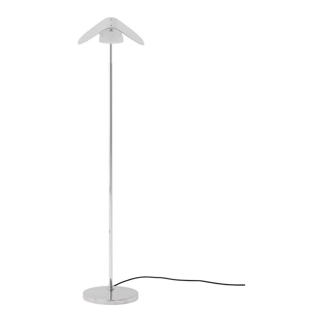 Sleek silver floor lamp with a minimalist white shade and a circular base. Perfect for modern decor.