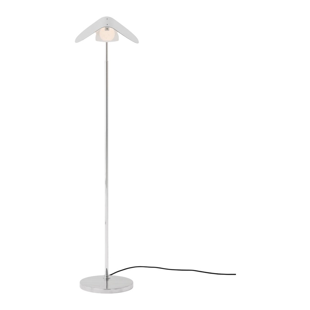 White floor lamp with a sleek chrome base and minimalist design, featuring a unique petal-shaped shade.
