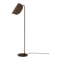 "Modern brown floor lamp with a sleek, minimalist design and a curved shade, perfect for contemporary decor."