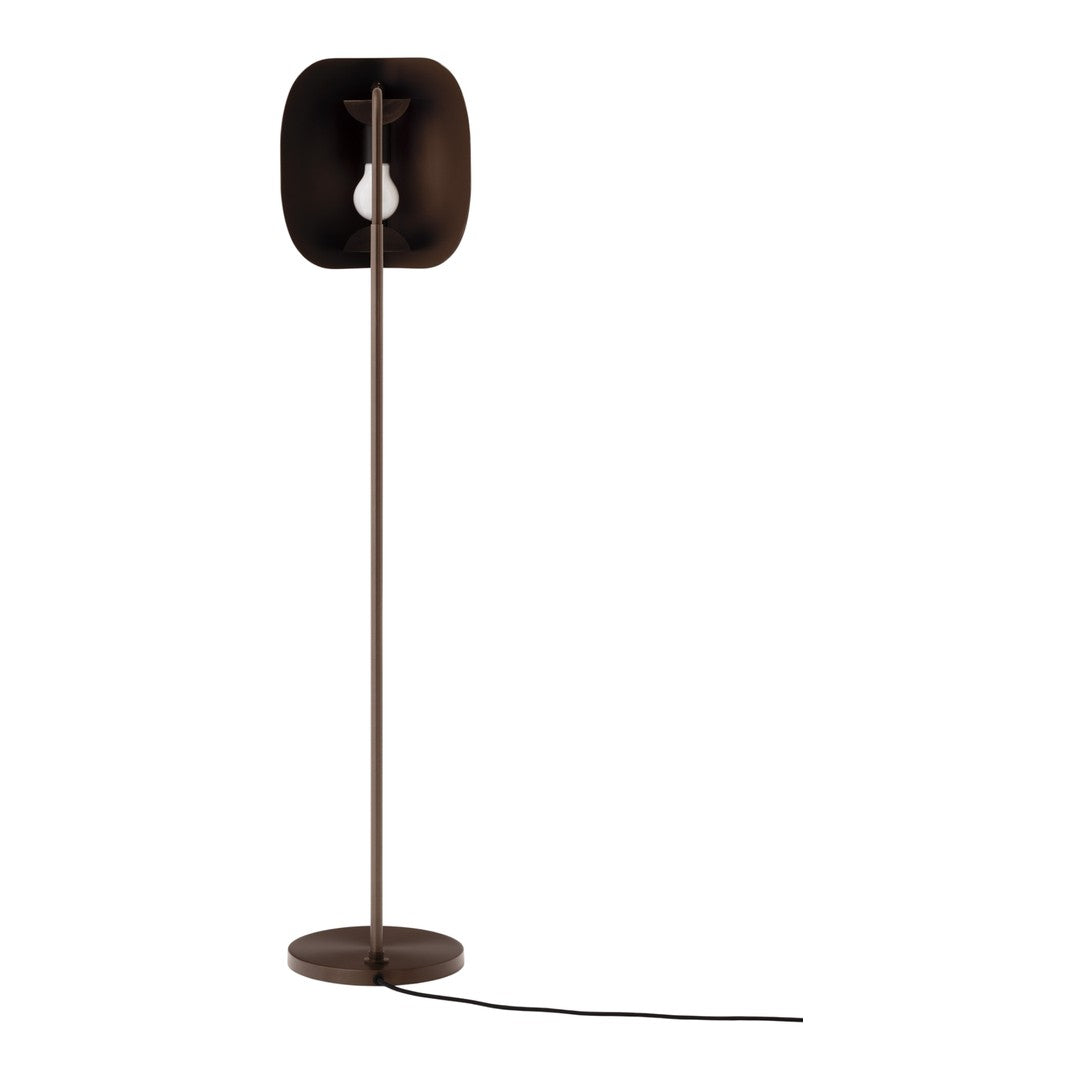 Modern brown floor lamp with a sleek design and unique oval shade, perfect for contemporary decor.